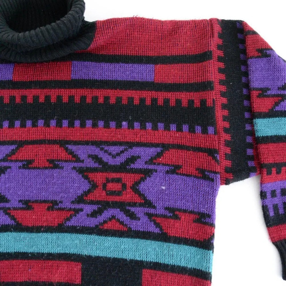 Vintage 90'S Vanderbilt Maroon Black Purple Aztec Turtleneck  Knit Sweater M - Picture 7 of 13